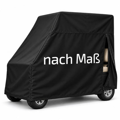Wasserdichte Golfwagen Abdeckung nach Maß in Schwarz mit schräger Front und teilweise sichtbaren Rädern