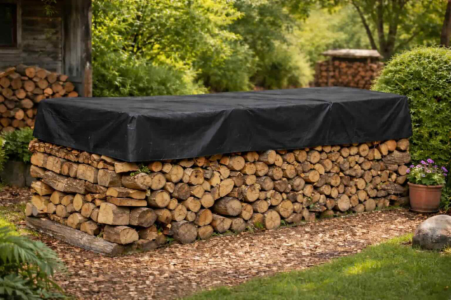 Holz Abdeckplane nach Maß über Brennholzstapel
