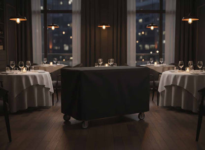 Maßgefertigte Abdeckplane für einen Küchen- und Servierwagen auf Terrasse und im Garten, wasserabweisend, UV-beständig und für den Outdoor-Einsatz konzipiert