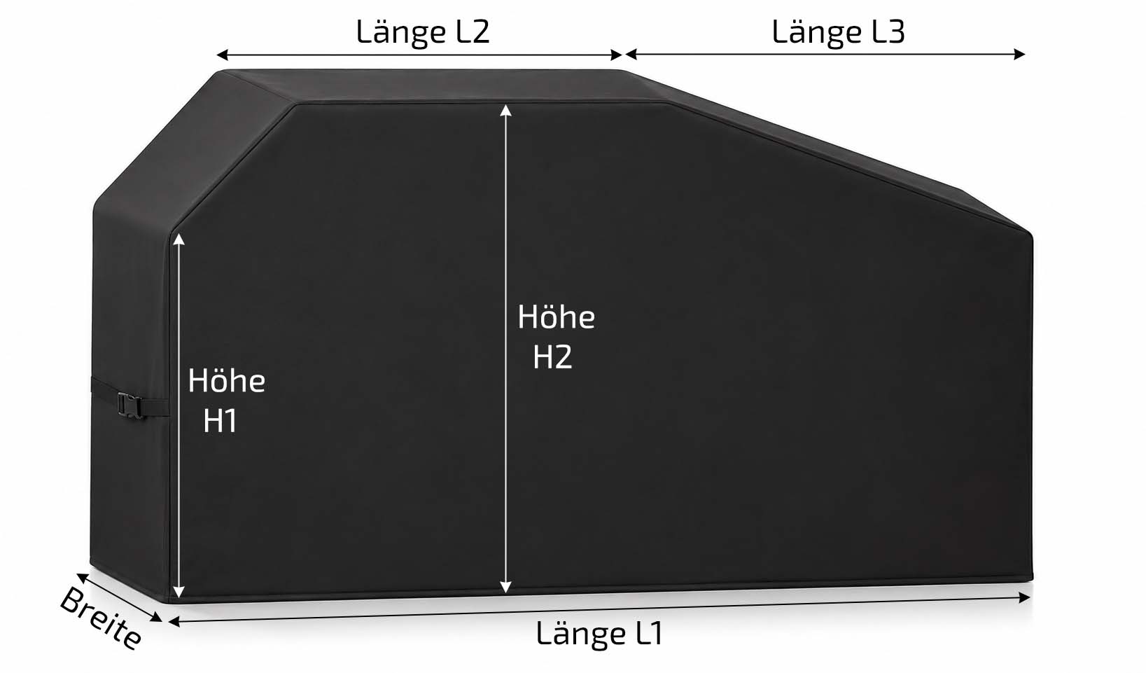 Maßgefertigte Schutzhülle für asymmetrische Outdoor Küche mit linksbündigem Grill – wetterfeste Abdeckplane für moderne Außenküche, BBQ-Kitchen und Gartenküche mit optimalem Schutz vor Regen, UV-Strahlung und Schmutz.