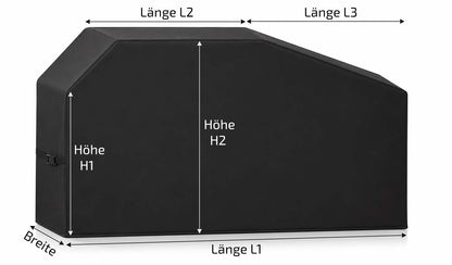 Maßgefertigte Schutzhülle für asymmetrische Outdoor Küche mit linksbündigem Grill – wetterfeste Abdeckplane für moderne Außenküche, BBQ-Kitchen und Gartenküche mit optimalem Schutz vor Regen, UV-Strahlung und Schmutz.