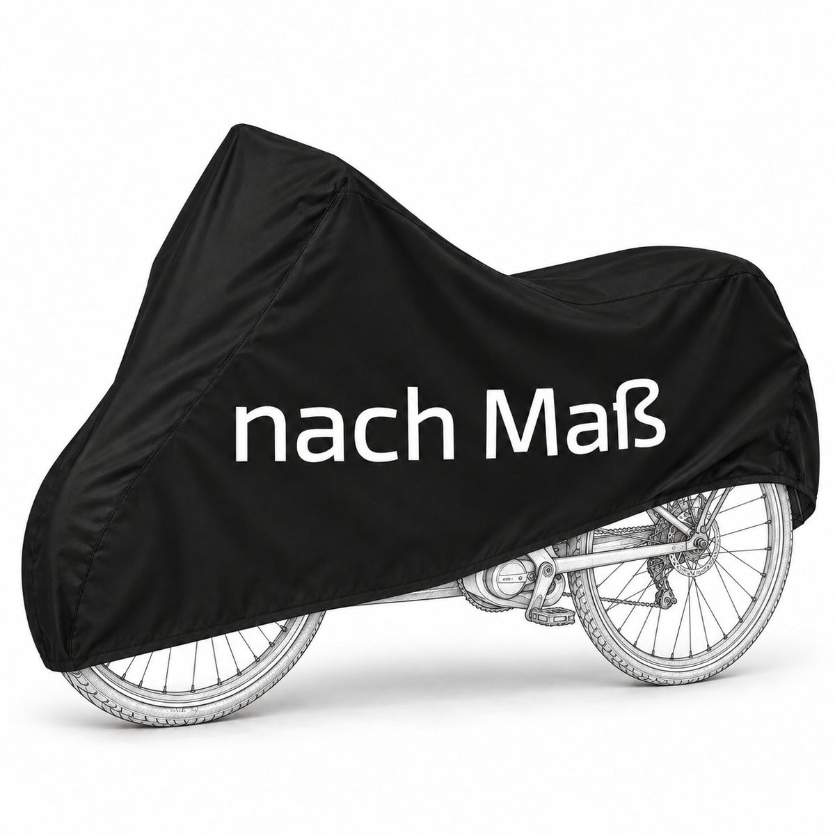 Schwarze Schutzhülle über einem skizzierten Pedelec mit sichtbaren Speichenrädern