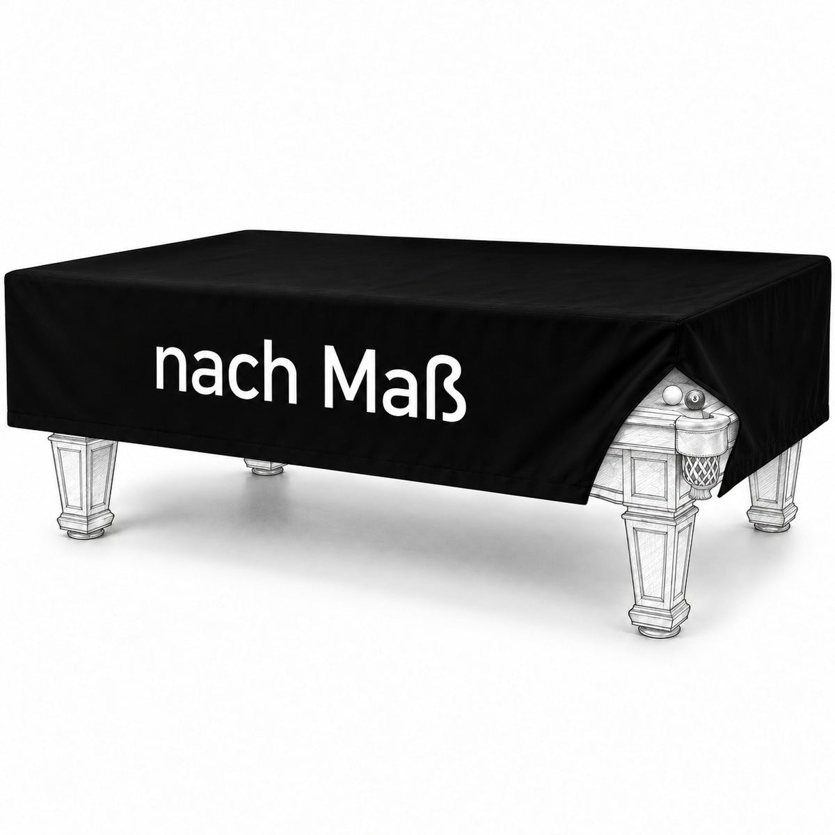 Schutzhülle über einem Poolbillardtisch mit sichtbaren Beinen