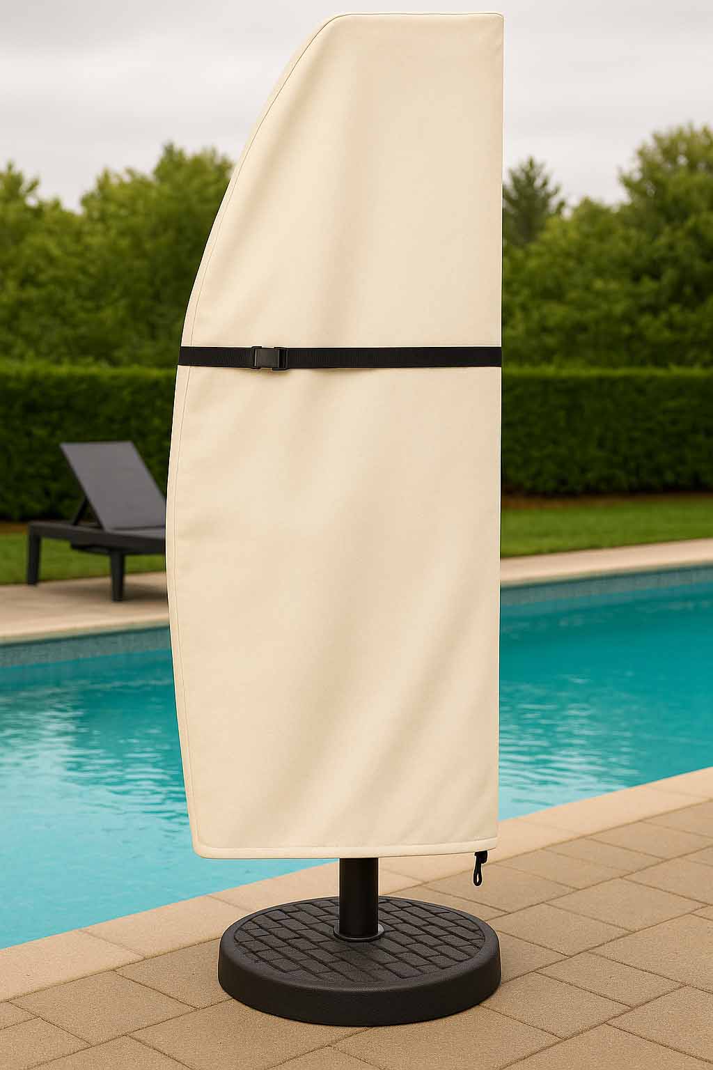 Maßgefertigte Sonnenschirm Abdeckhaube auf moderner Terrasse am Pool – elegante und wetterfeste Ampelschirm Abdeckplane als Outdoor-Lösung