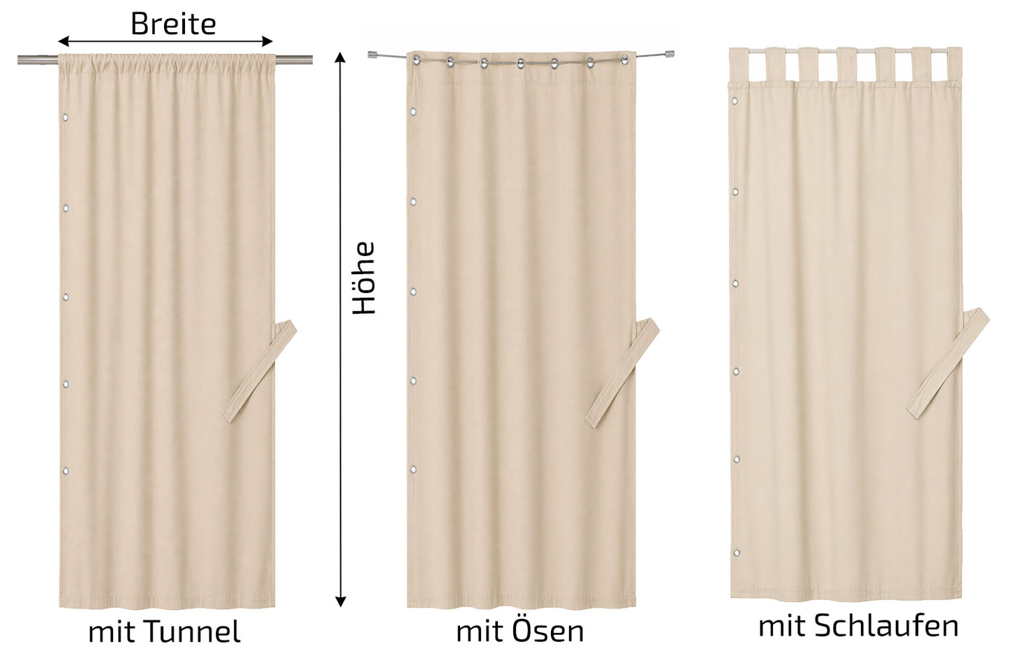 Wetterfeste Outdoor Gardinen als Sichtschutz für Pavillon im Außenbereich mit Ösen, Schlaufen, Klettverschluss und Tunnel