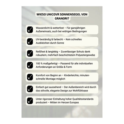 Beste wasserdichte Sonnensegel nach Maß – in hochwertiger UNICOVR Qualität gefertigt von Granori