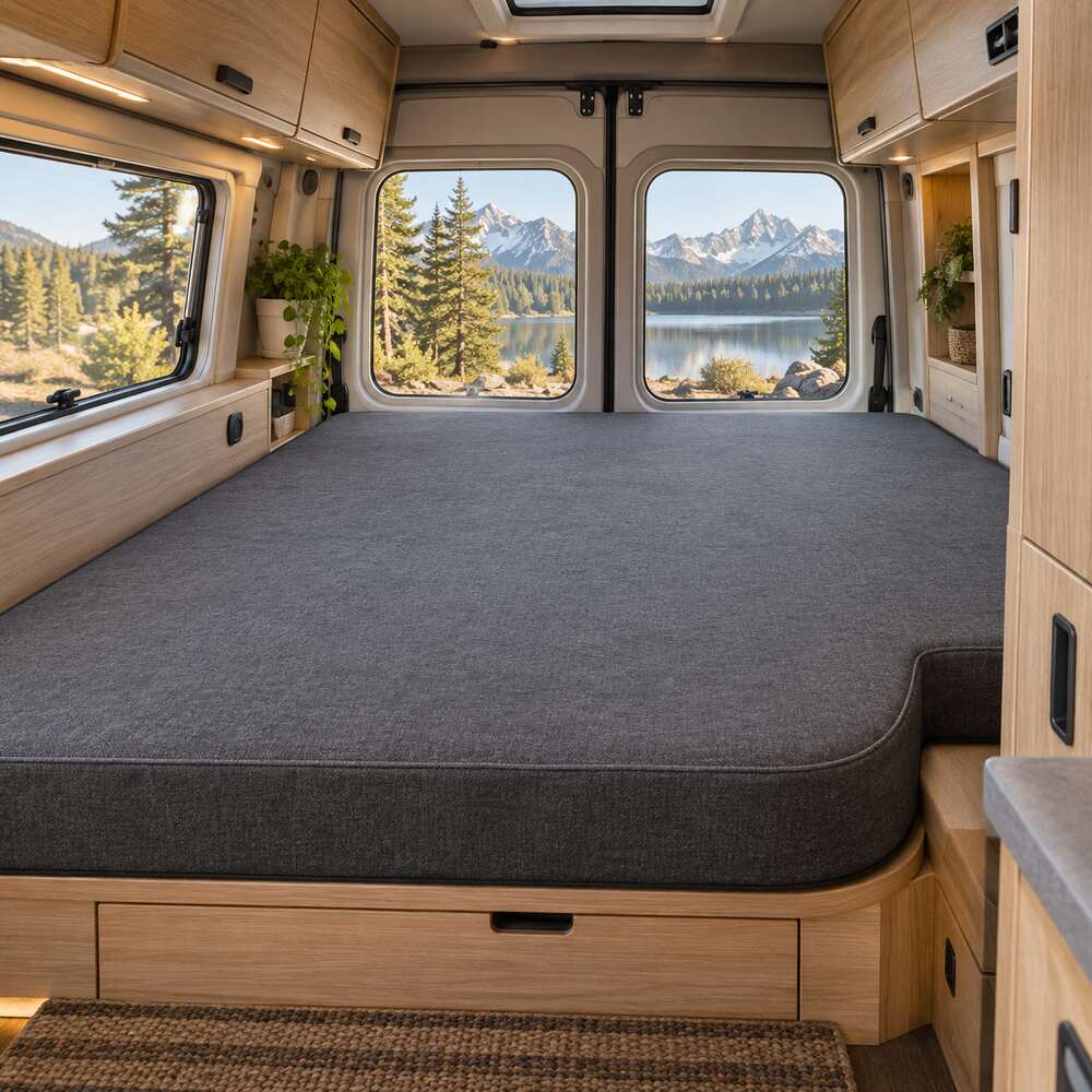 Maßgefertigte Wohnmobil-Matratze mit Rundung und Ausschnitt im Camper-Heck